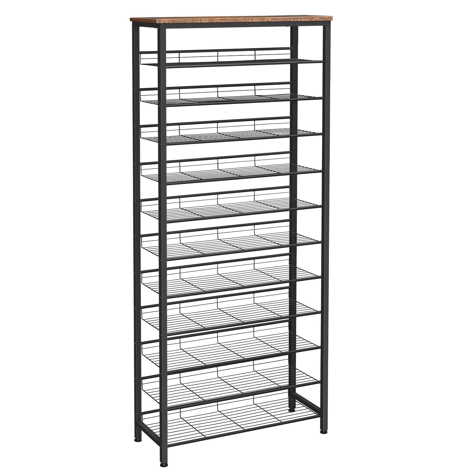 Industrial tall narrow shoe shelf organizer with a matte black metal mesh frame and a rustic brown wood top.