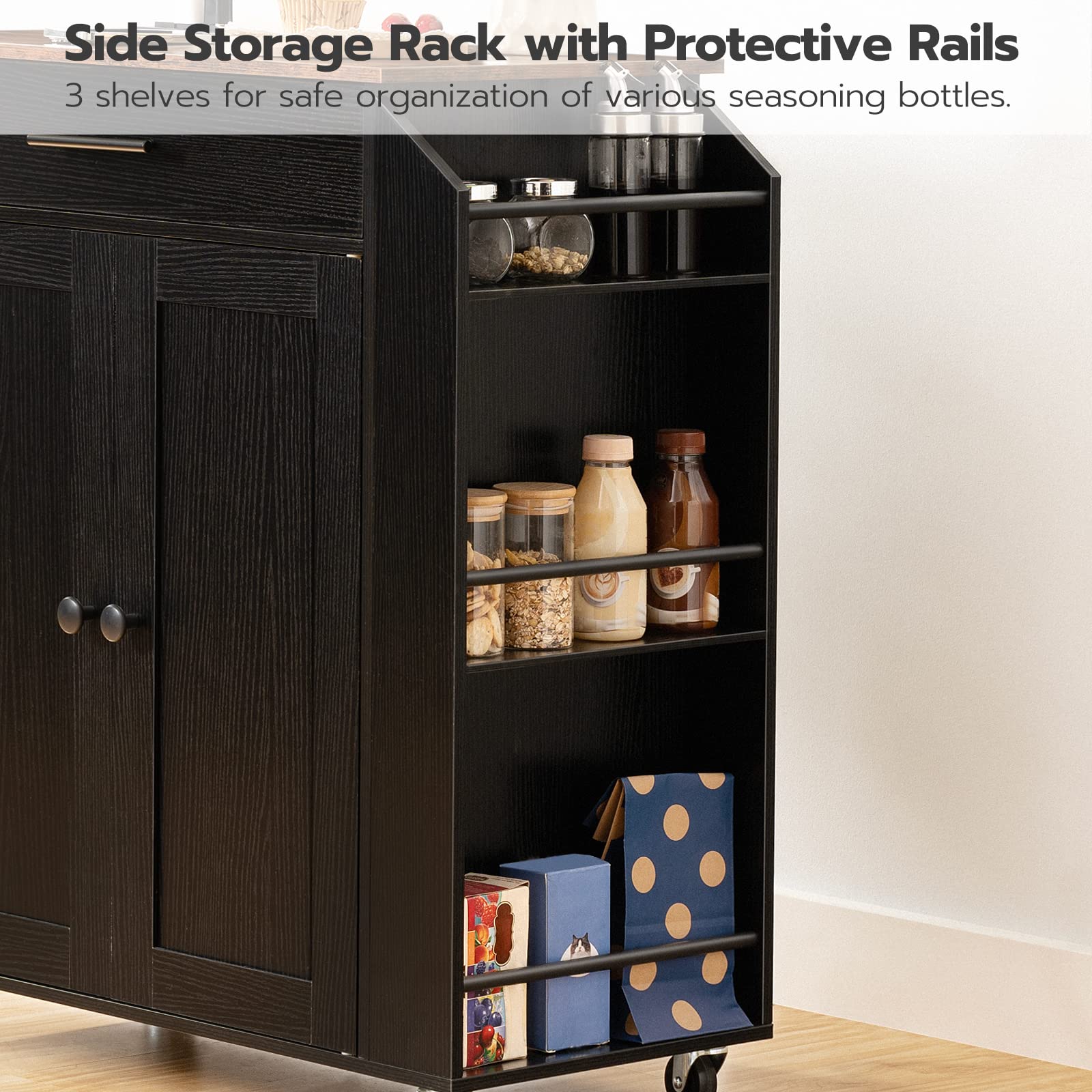 Close up of the integrated 3 tier side spice organizer rack with metallic guardrails holding condiment jars.