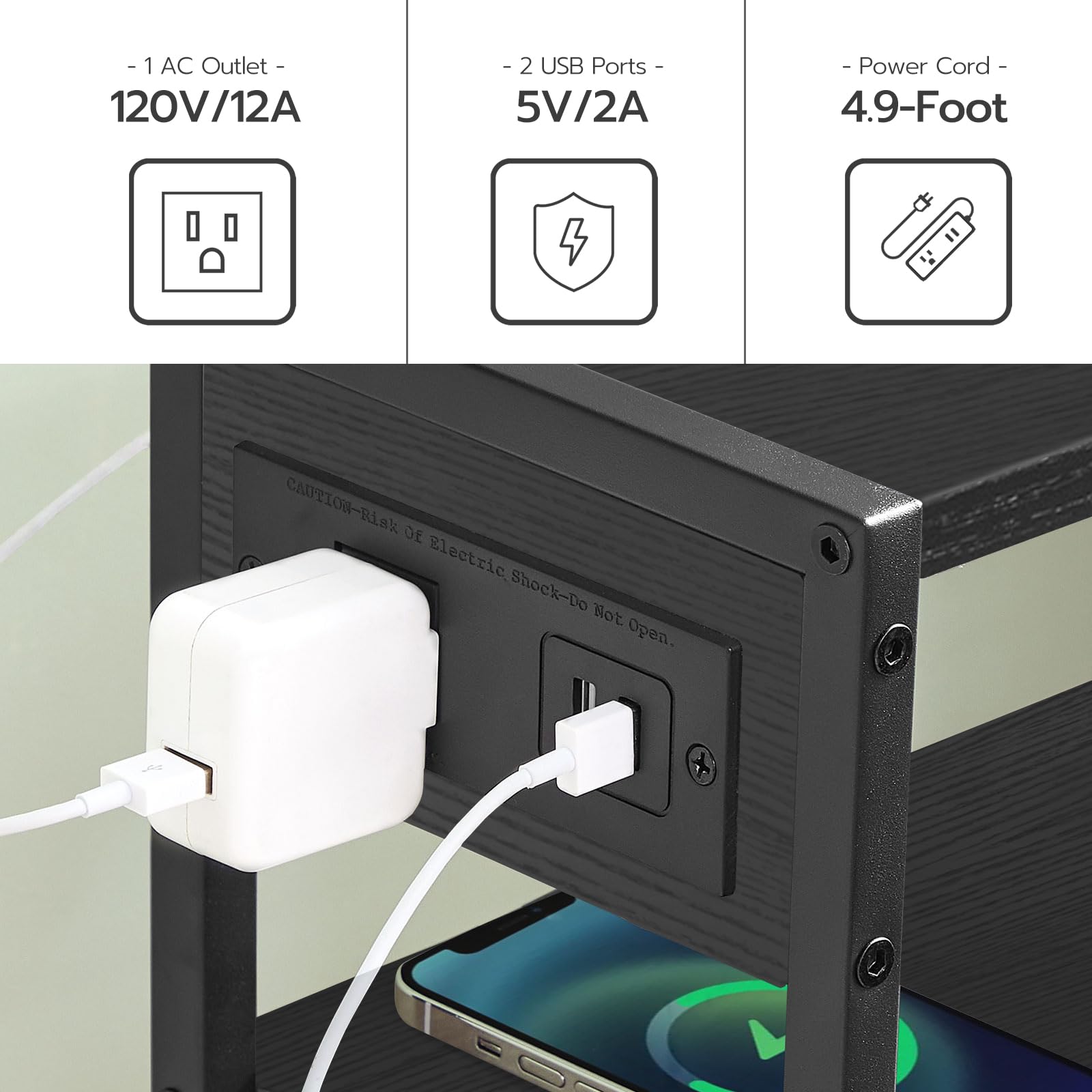 Technical parameter icons detailing the AC outlets voltage, USB charging speed, and flexible 4.9ft power cord.