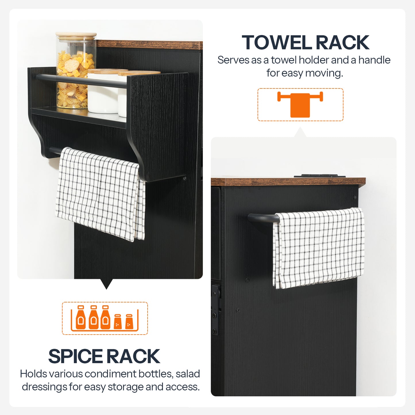Close up diagram details of the integrated side spice organizer rack and a black metal towel holder bar.
