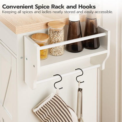 Close up of the integrated side spice organizer rack with black hanging hooks holding a towel and bottles.