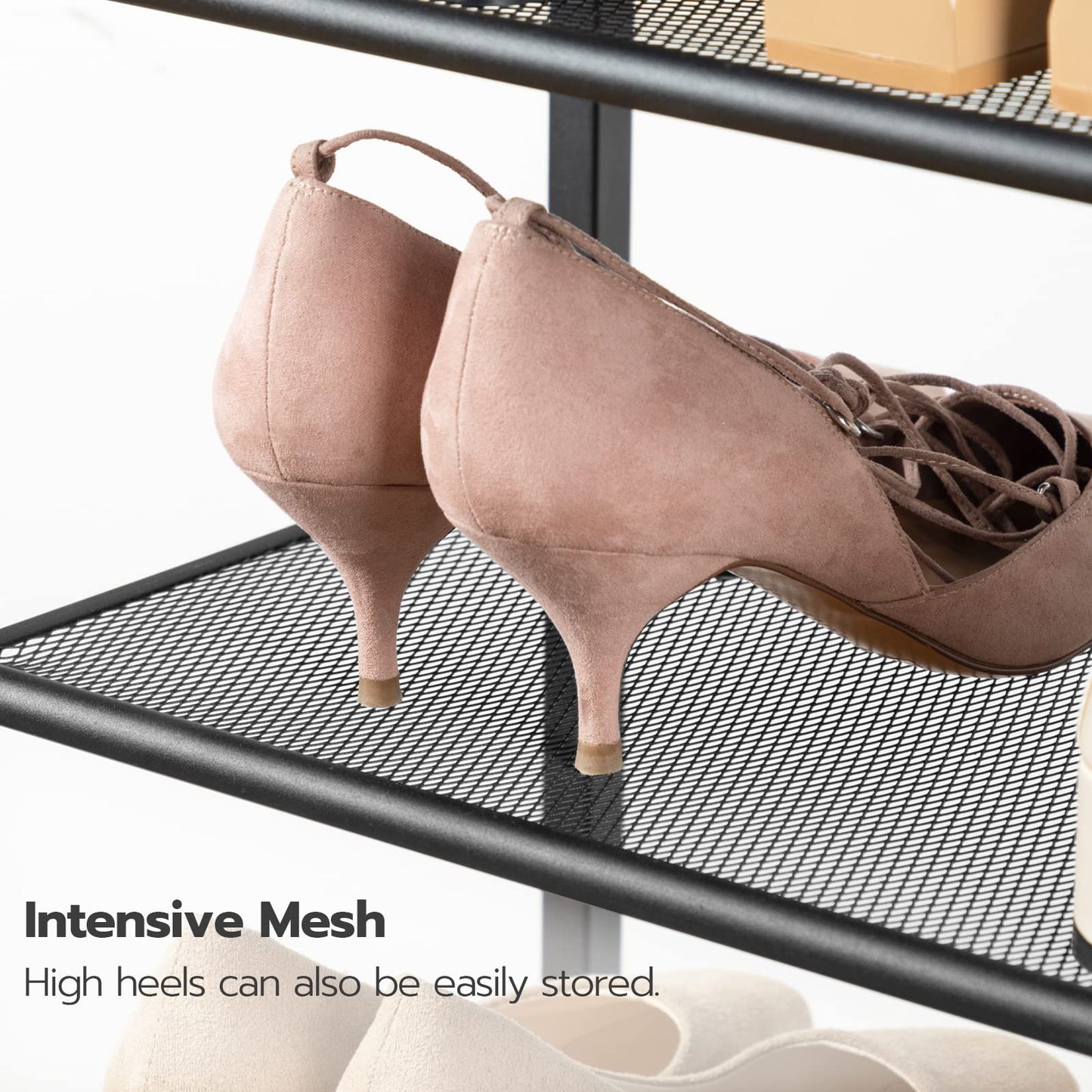 Intensive metal mesh shelving on industrial shoe rack keeping high heels standing stably