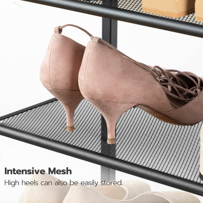 Intensive metal mesh shelving on industrial shoe rack keeping high heels standing stably