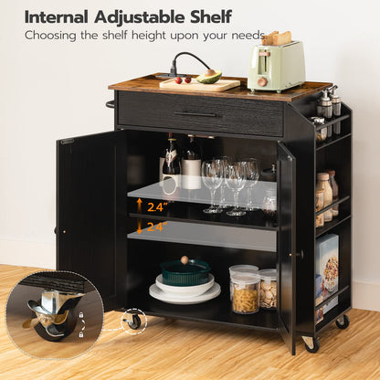 Opened lower double doors detailing the internal 3-level height adjustable shelf layout for cooking pots.