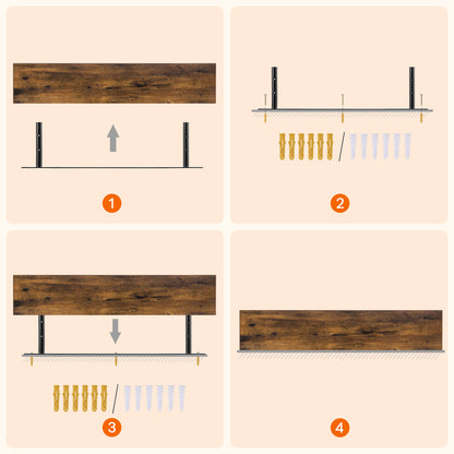 Installation diagram showing invisible floating shelf metal brackets, wall anchors, and hardware.