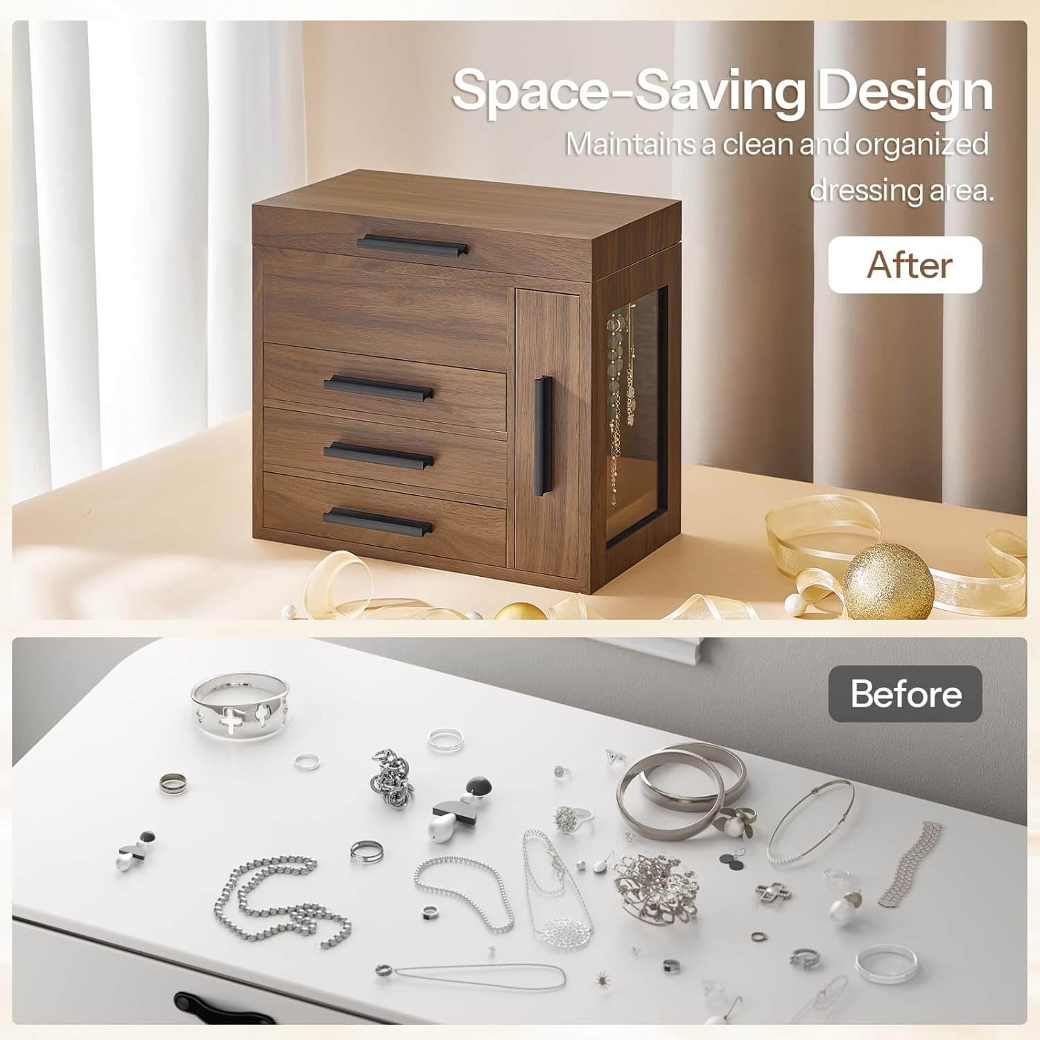 Before and after comparison of a jewelry organizer with jewelry on a table.