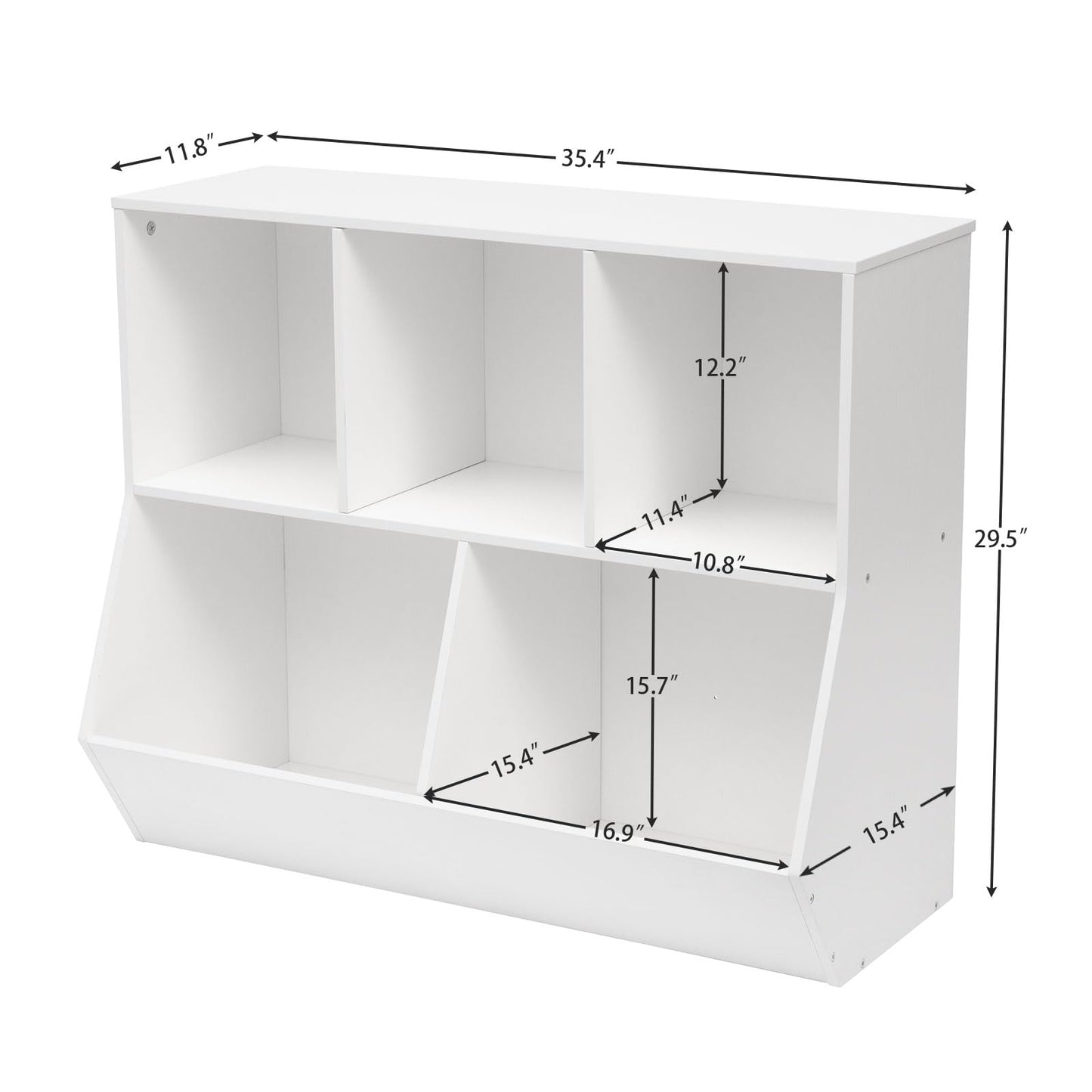 Detailed dimensions and internal compartment size specifications chart of HOOBRO kids toy organizer bookcase.