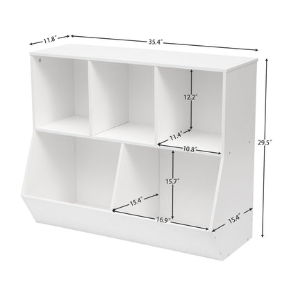 Detailed dimensions and internal compartment size specifications chart of HOOBRO kids toy organizer bookcase.