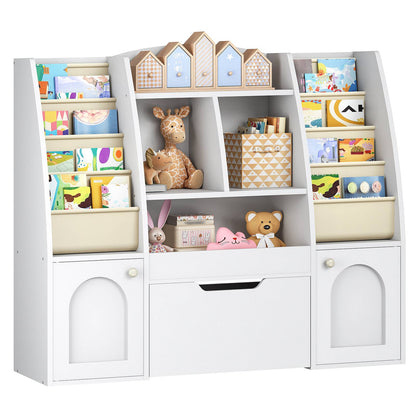 White wooden kids bookshelf and toy storage organizer filled with colorful books and plush toys.