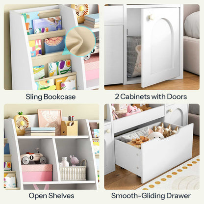 Four close-up panels showcasing the sling pockets, storage doors, open shelves, and gliding drawer.