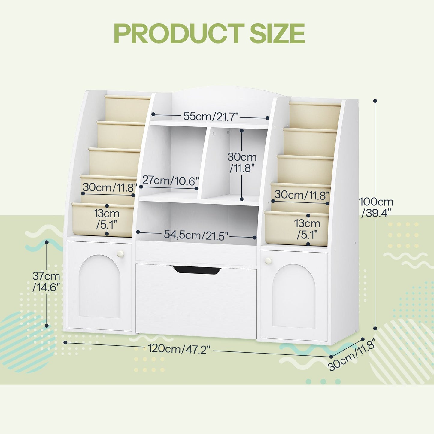 Product size dimensions chart for the white wooden kids toy storage cabinet and bookshelf.