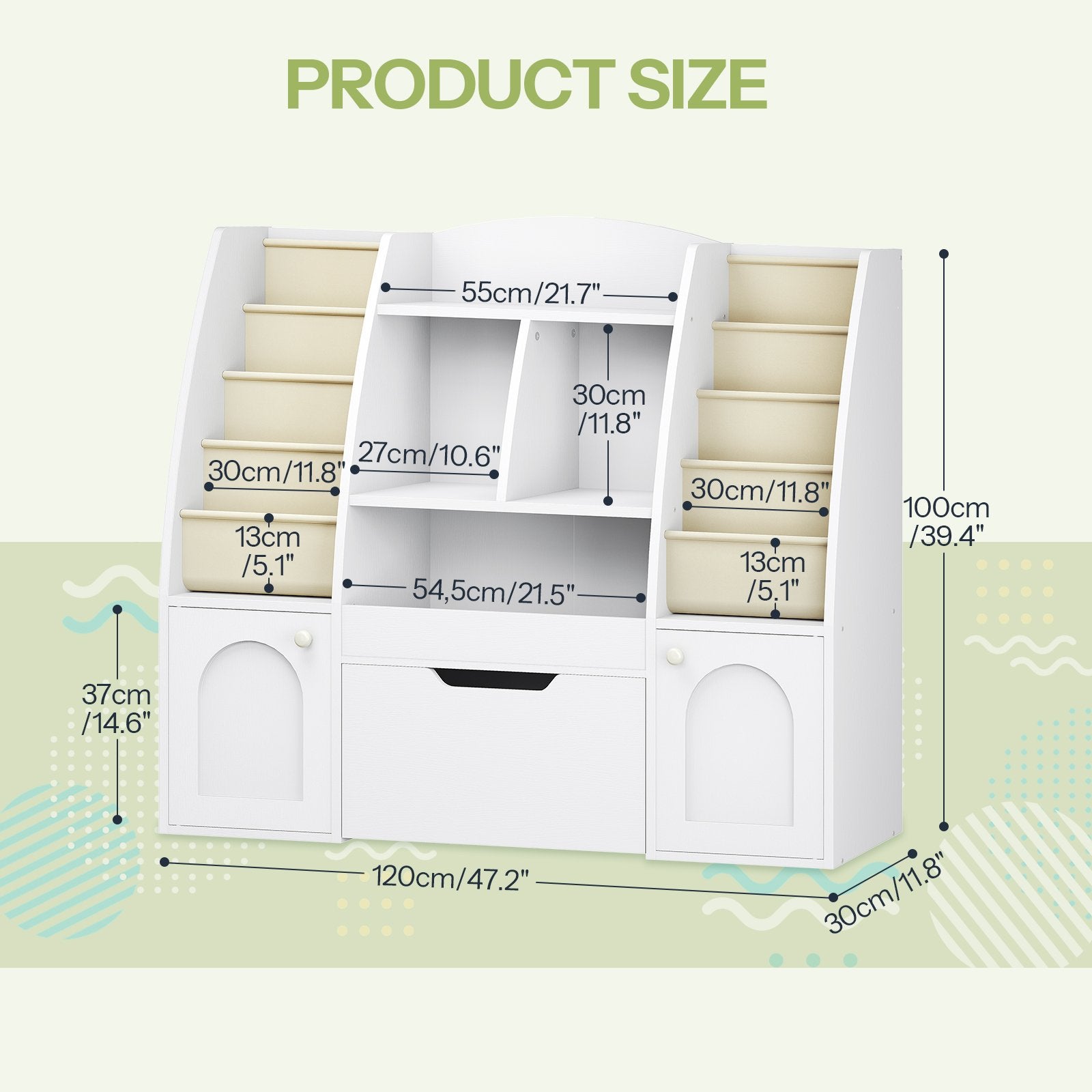 Product size dimensions chart for the white wooden kids toy storage cabinet and bookshelf.