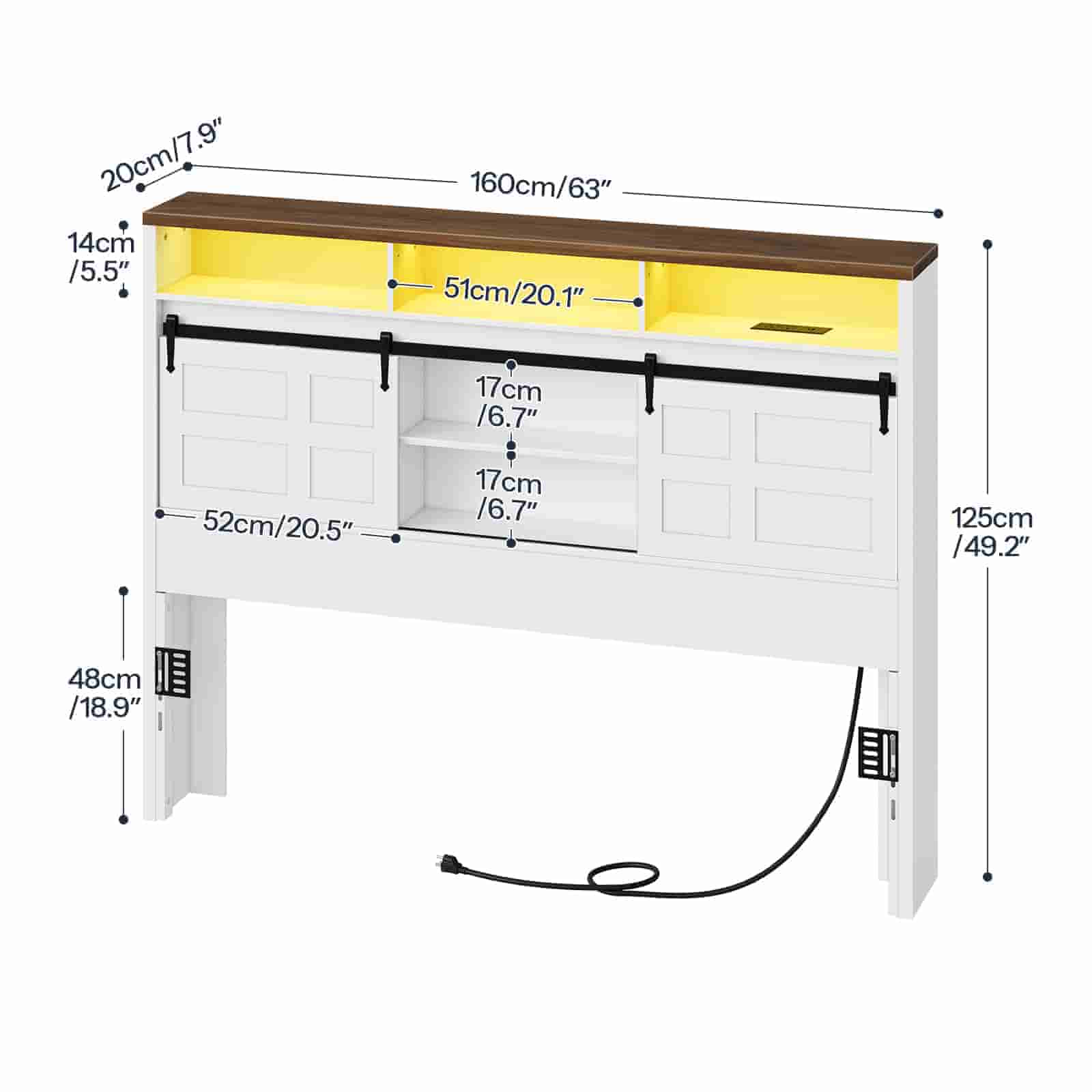  Detailed dimension chart of the storage headboard showing the adjustable height, width, and shelf clearance.