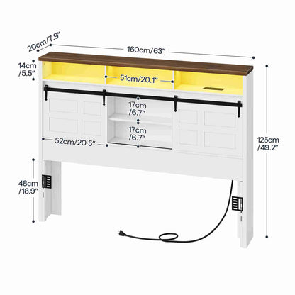  Detailed dimension chart of the storage headboard showing the adjustable height, width, and shelf clearance.