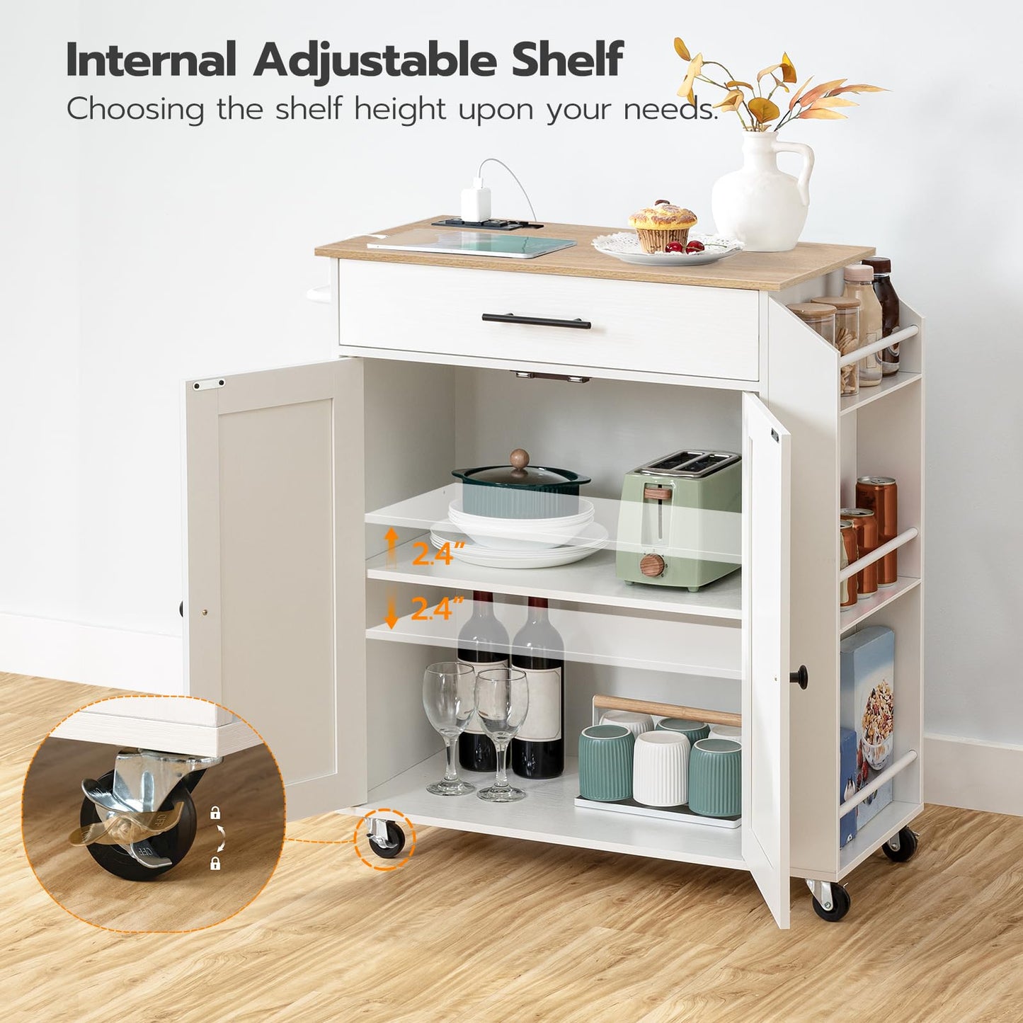 White kitchen island cart with wheels on a wooden floor, featuring an adjustable shelf.