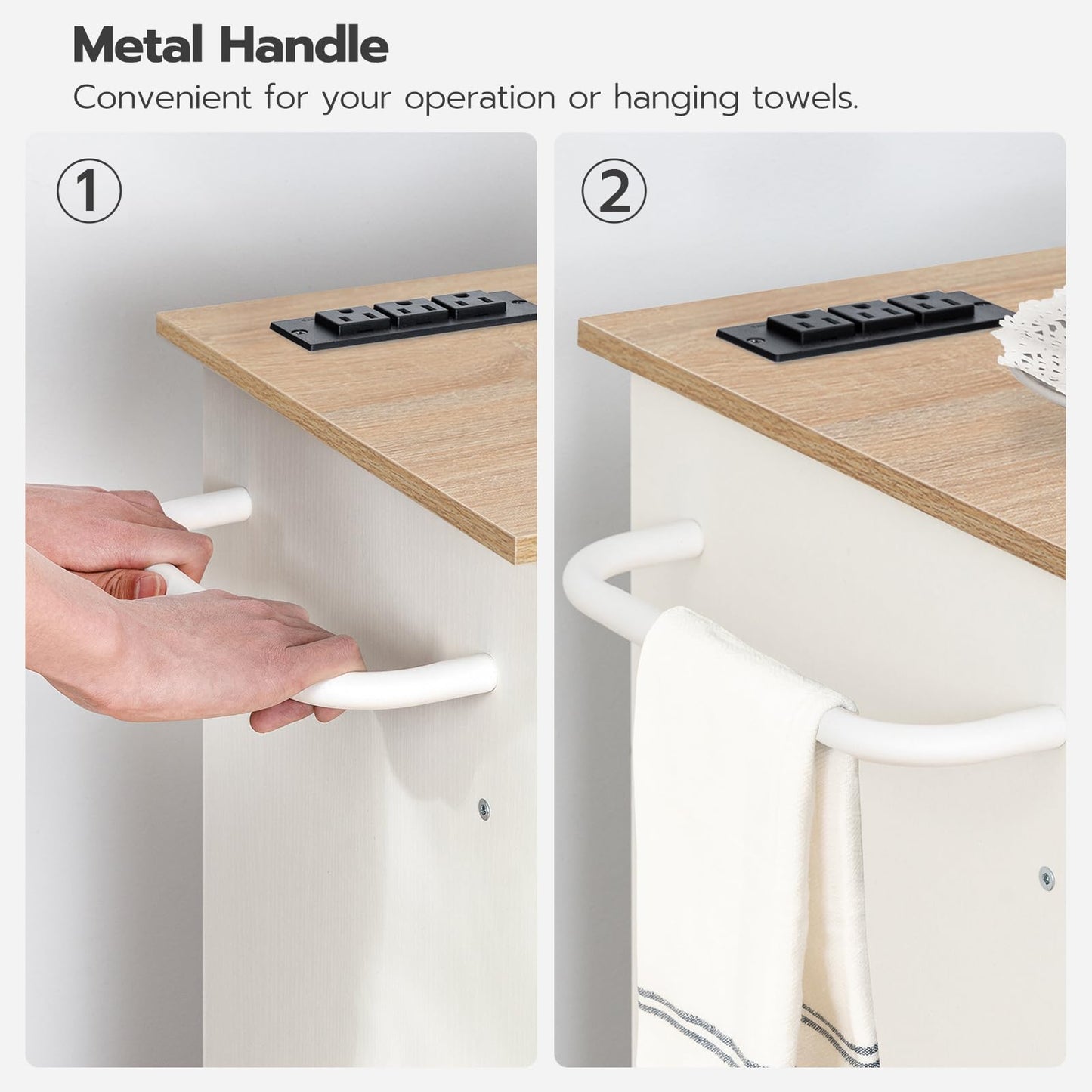 Metal handle on a wooden surface with text indicating its convenience for operation or hanging towels.