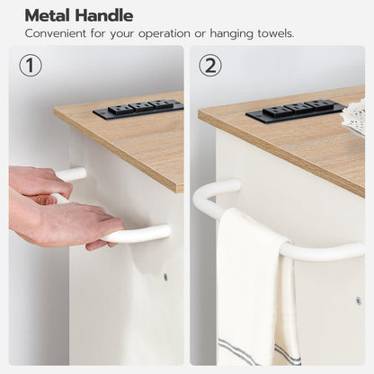 Metal handle on a wooden surface with text indicating its convenience for operation or hanging towels.