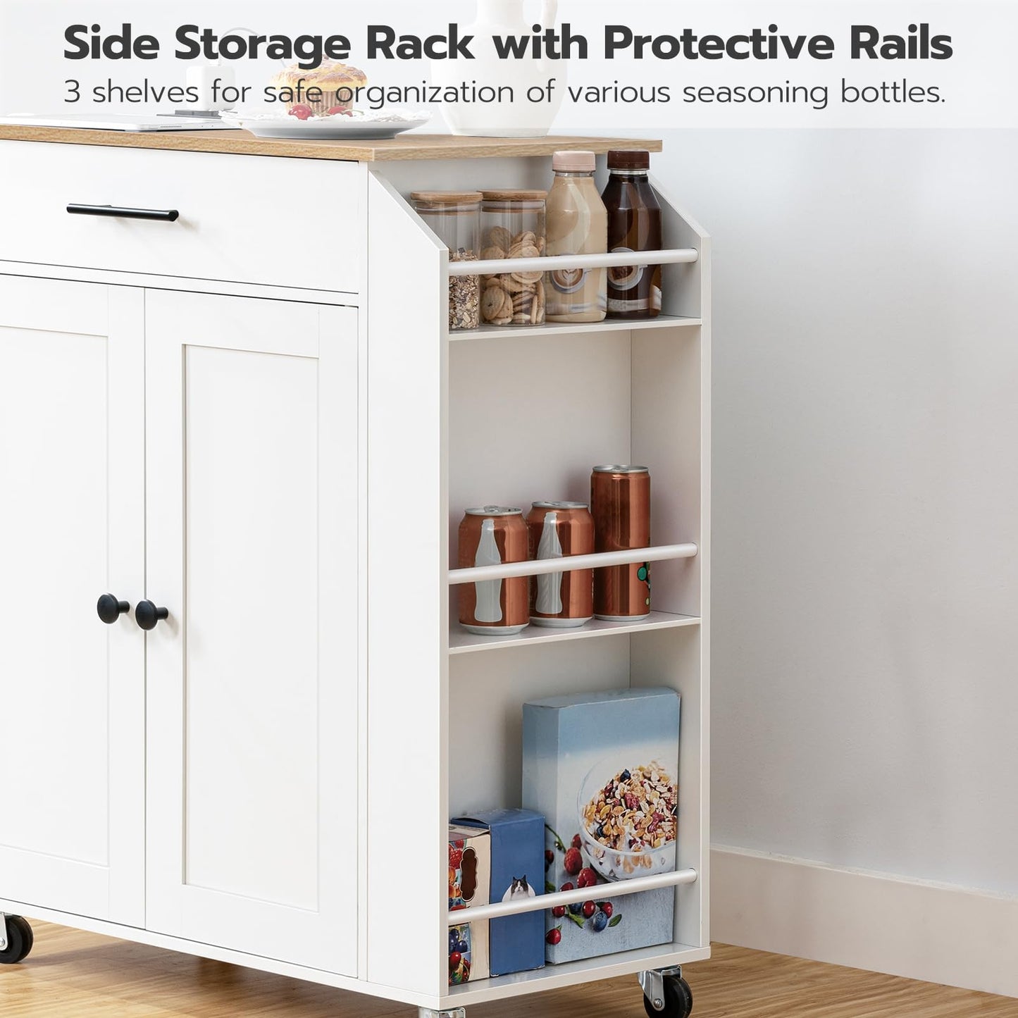 White side storage rack with protective rails in a kitchen setting.