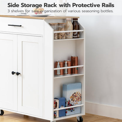 White side storage rack with protective rails in a kitchen setting.