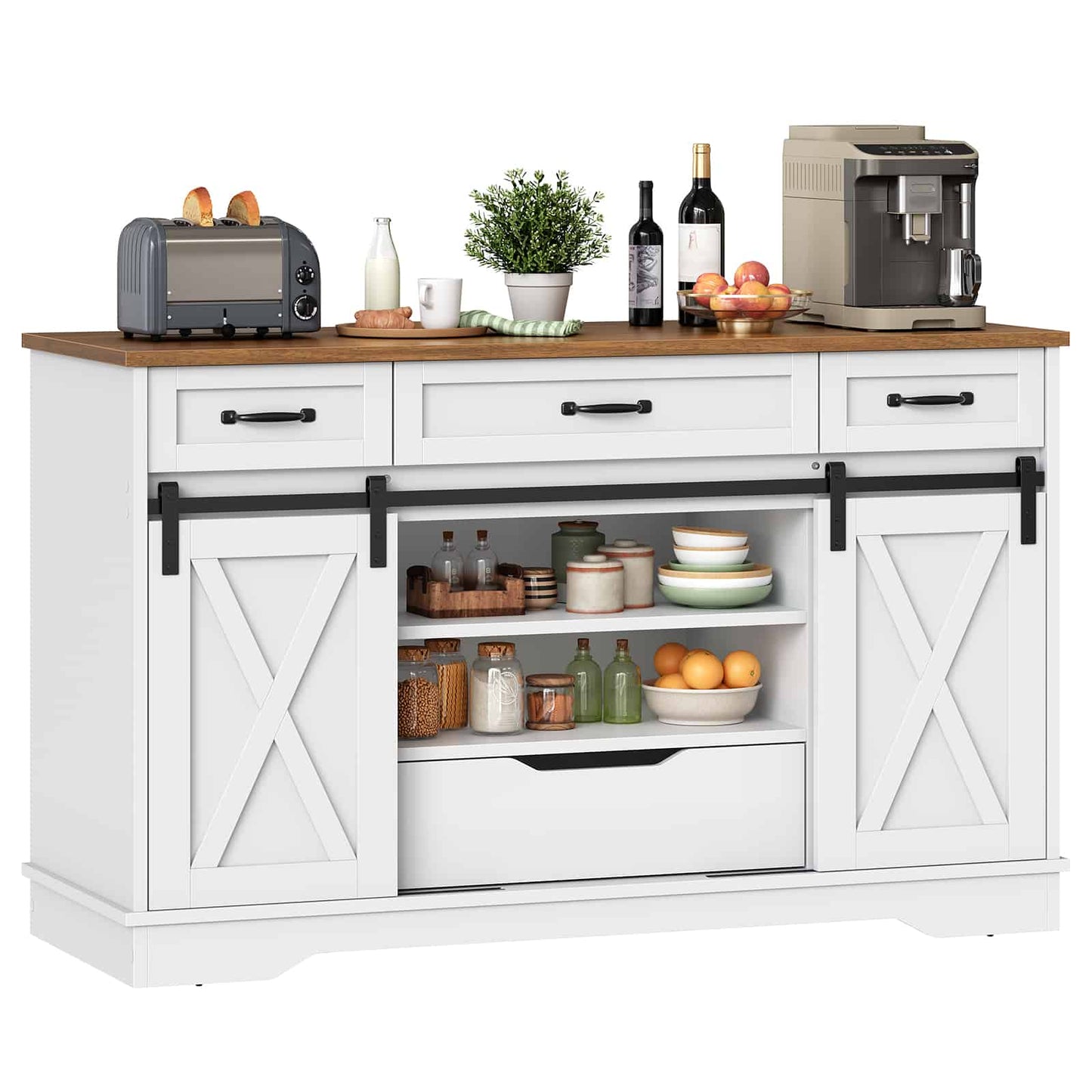  Studio shot of a white kitchen coffee bar cabinet holding a toaster, bottles, and espresso machine with open center shelves.