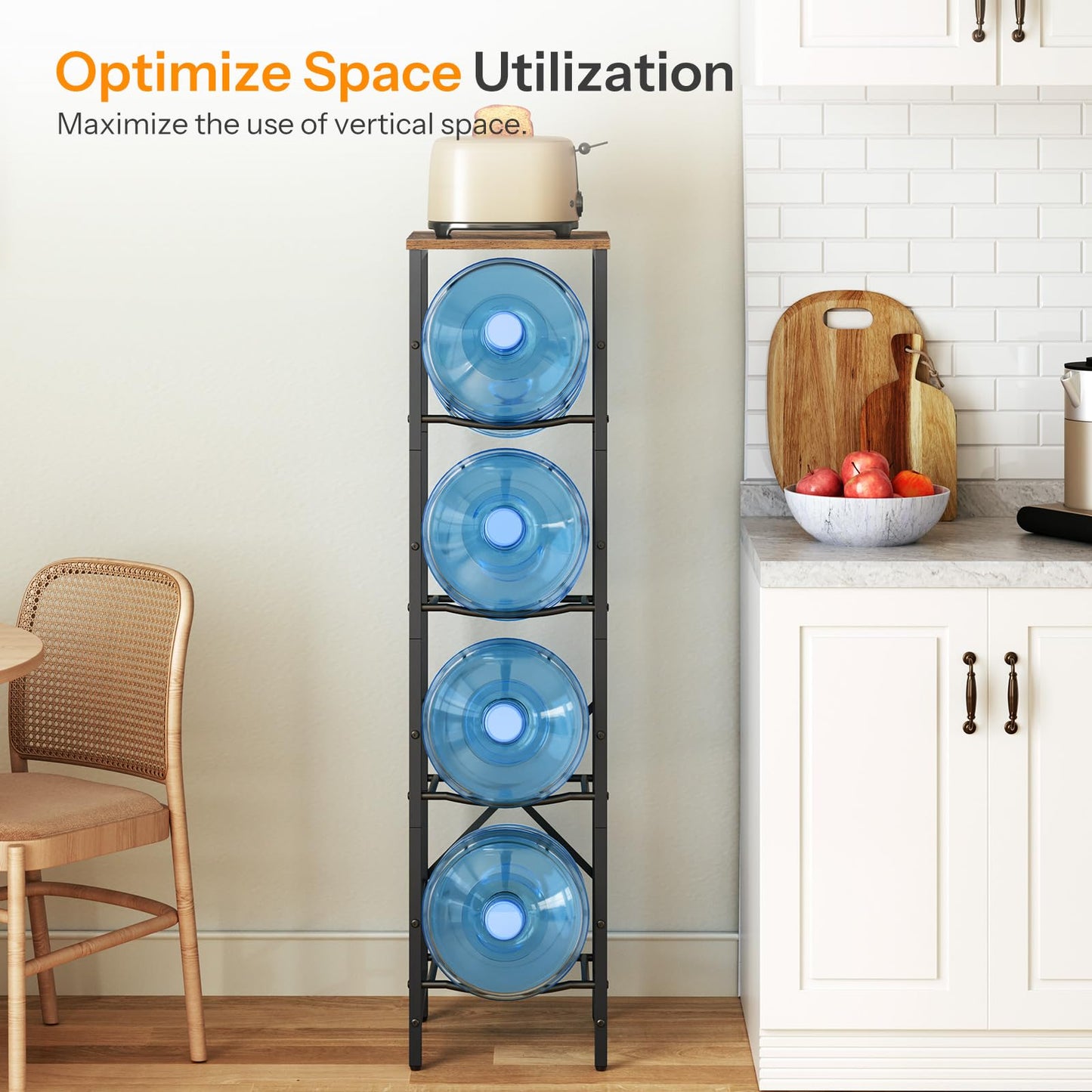Vertical kitchen corner water dispenser bottle stand maximizing small pantry space.