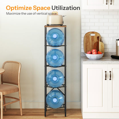 Vertical kitchen corner water dispenser bottle stand maximizing small pantry space.