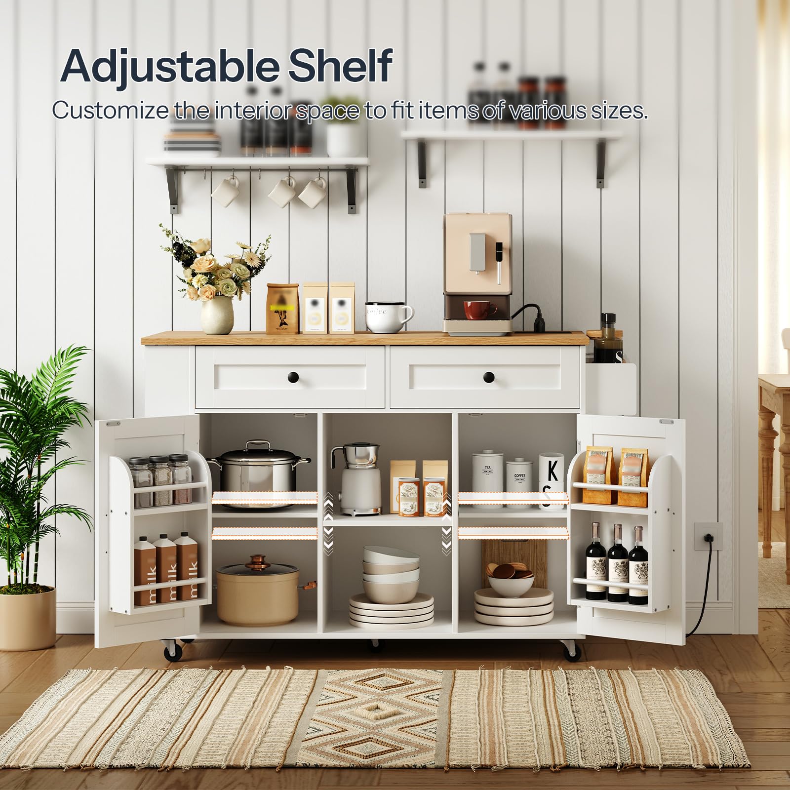 Kitchen island storage cabinet with fully opened barn doors showing adjustable shelves and wide interior layouts.