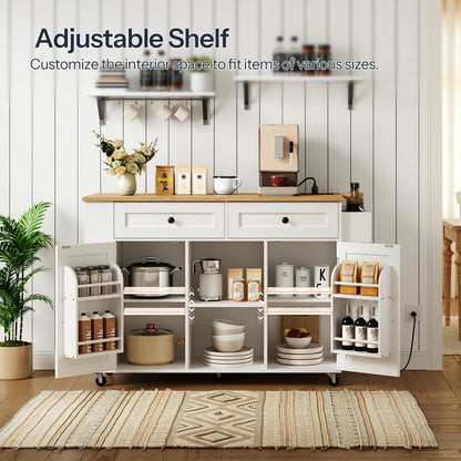 Kitchen island storage cabinet with fully opened barn doors showing adjustable shelves and wide interior layouts.