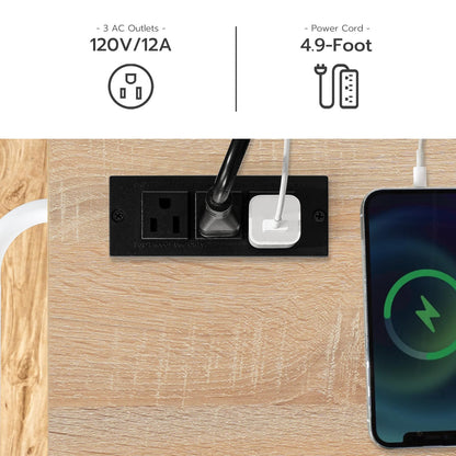 Power outlet with multiple outlets and a power cord, next to a smartphone with charging icon on a wooden surface.