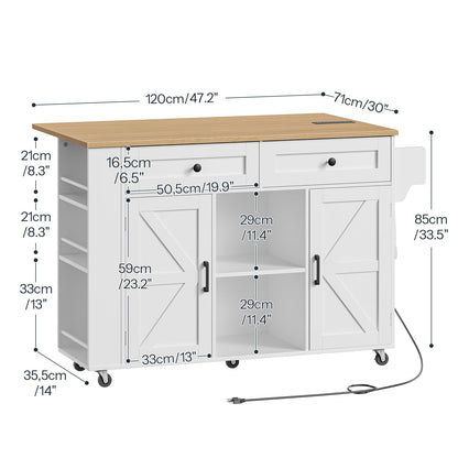 Detailed dimensions and size specifications chart of HOOBRO rolling kitchen island storage cabinet.
