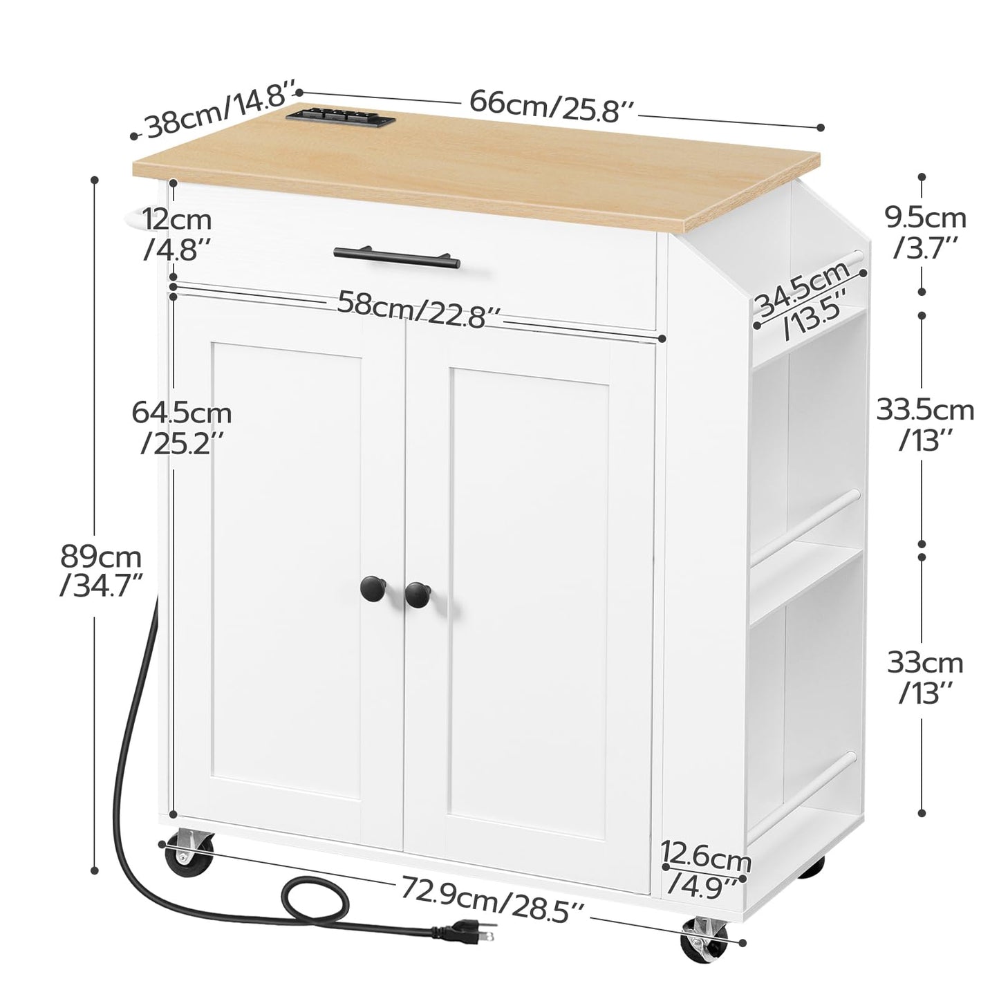 Dimensions of a white kitchen island with a wooden top on wheels