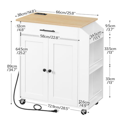 Dimensions of a white kitchen island with a wooden top on wheels