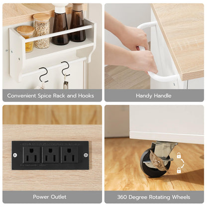 Four panel details of the kitchen island cart showing steel brackets, a towel bar handle, outlets, and a caster wheel.