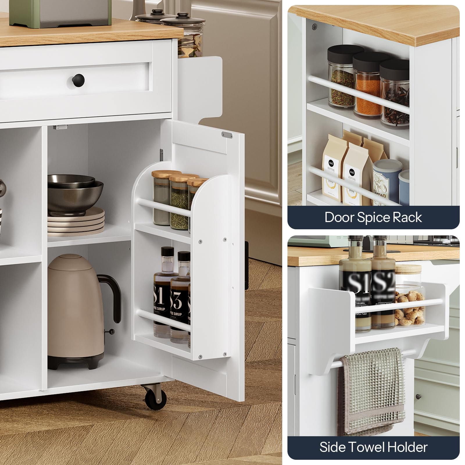 Kitchen cabinet with open doors showing storage compartments including a spice rack and towel holder.