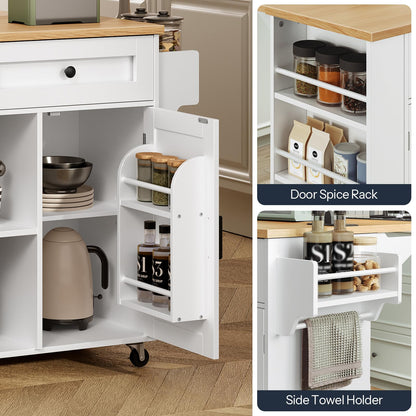 Kitchen cabinet with open doors showing storage compartments including a spice rack and towel holder.