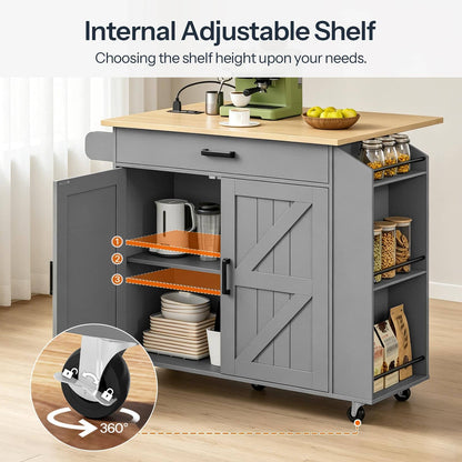 Gray kitchen utility cart with a light wood countertop, open lower cabinet, side shelves, and caster wheels, shown in a kitchen setting with text explaining adjustable shelf height and a 360-degree wheel rotation inset.