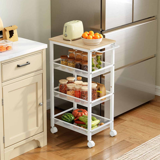 Slim white kitchen rolling cart with a wooden top holding a toaster and orange bowl, placed in the gap between a cabinet and refrigerator.