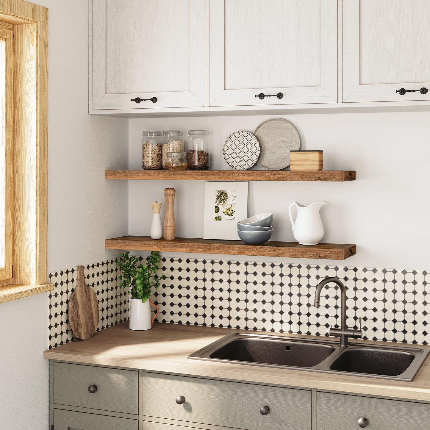 Kitchen wall storage shelves mounted above a sink holding spice jars, plates, and bowls.