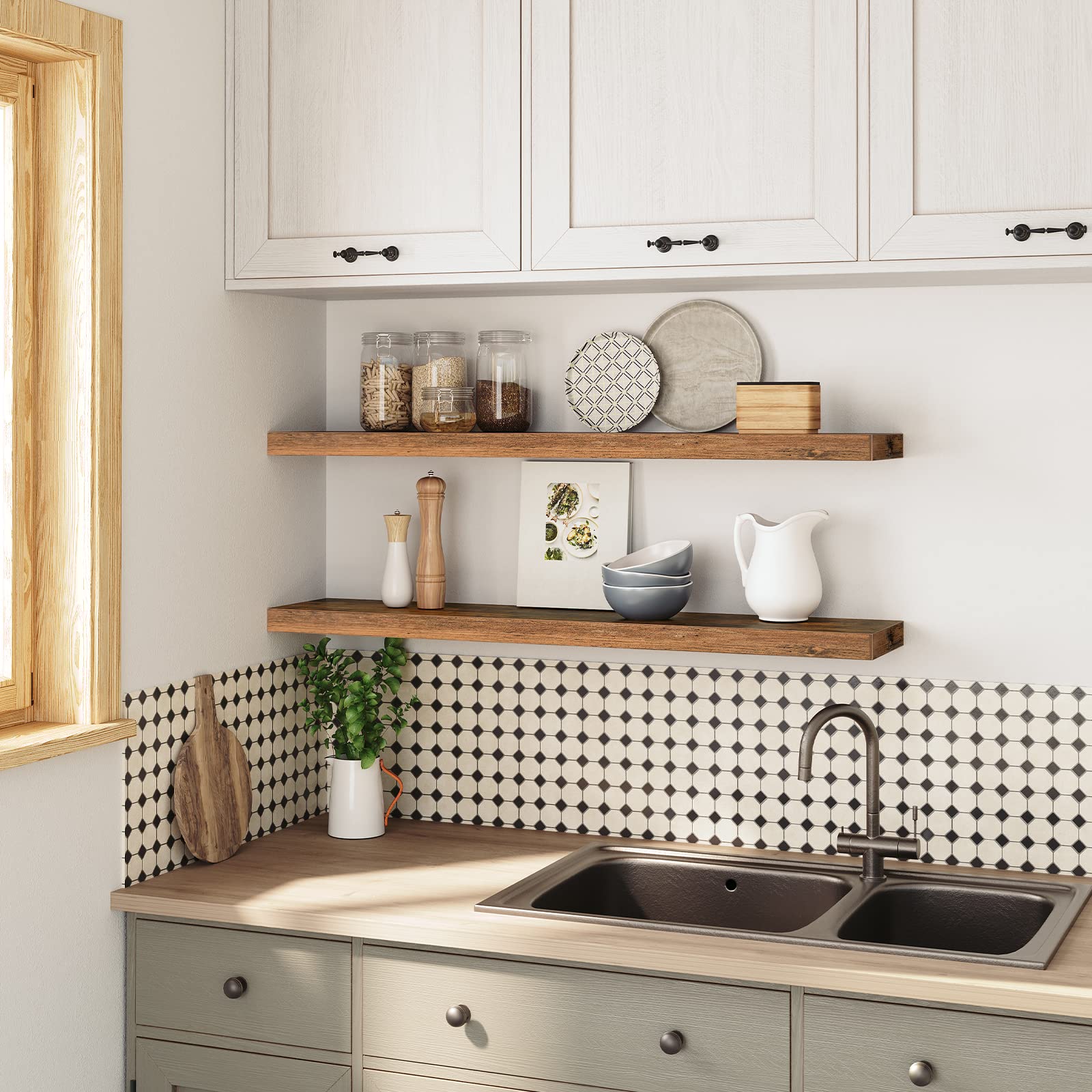 Kitchen wall storage shelves mounted above a sink holding spice jars, plates, and bowls.