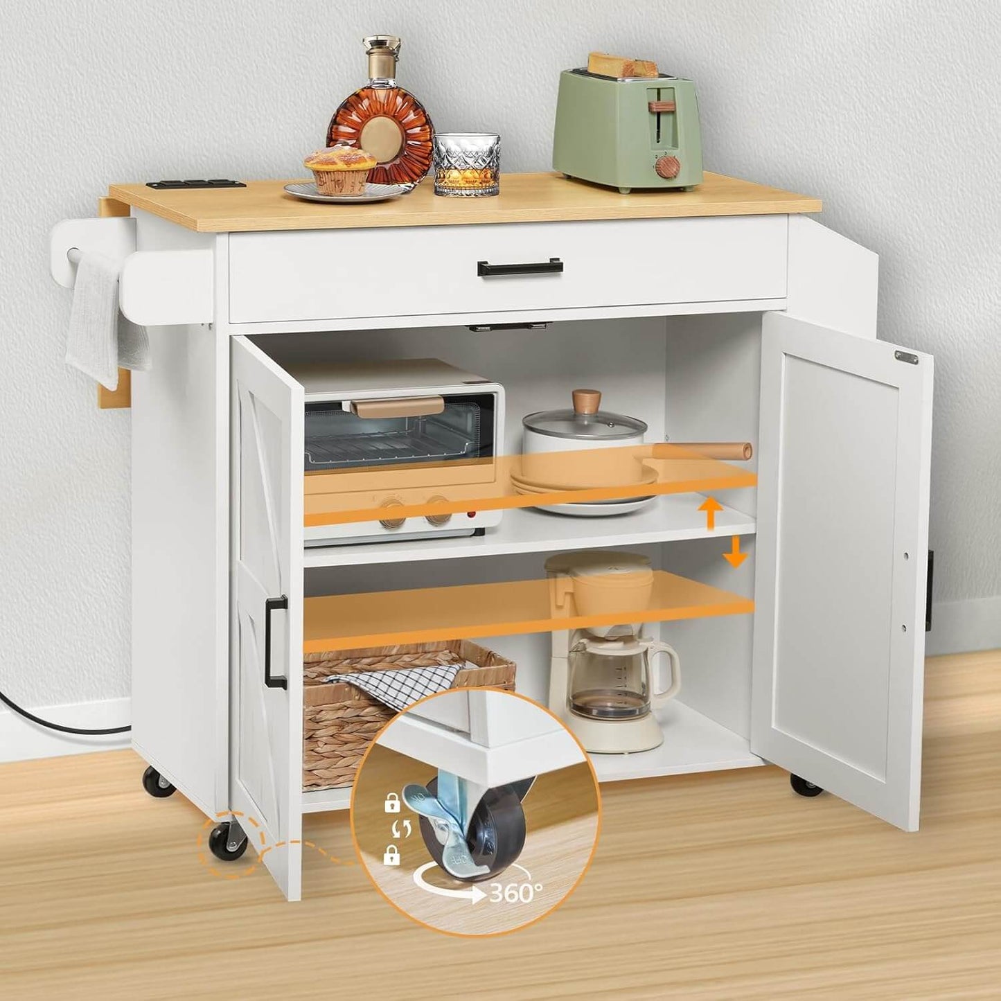 White kitchen island with wooden top and storage shelves, featuring a toaster and other kitchen items.