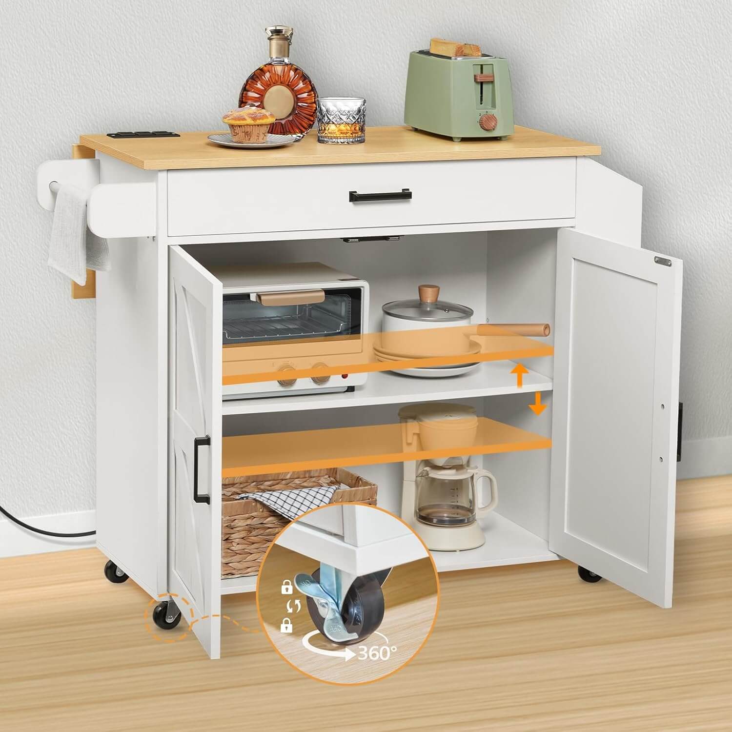 White kitchen island with wooden top and storage shelves, featuring a toaster and other kitchen items.