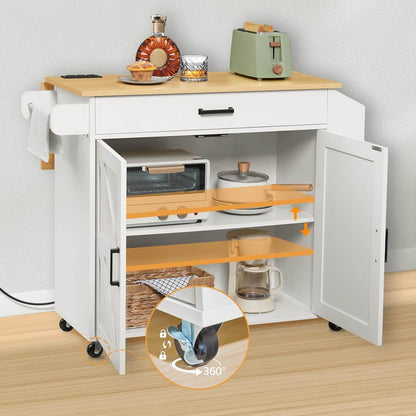 White kitchen island with wooden top and storage shelves, featuring a toaster and other kitchen items.