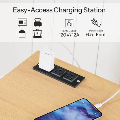 Easy-access charging station with multiple outlets and a smartphone charging cable on a wooden surface.
