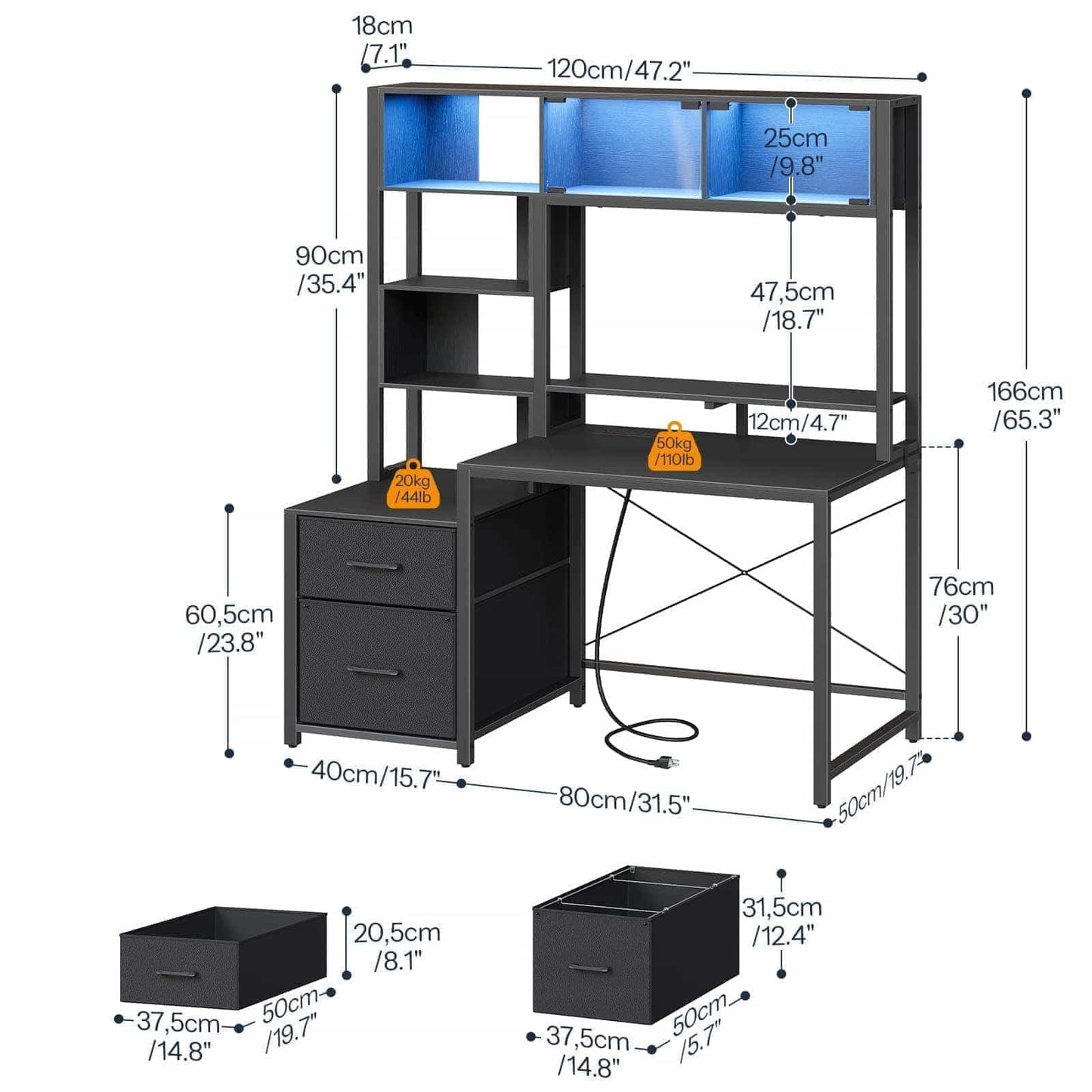 Detailed dimension size chart diagram showing exact width, height, and drawer measurements of the computer desk hutch in inches.