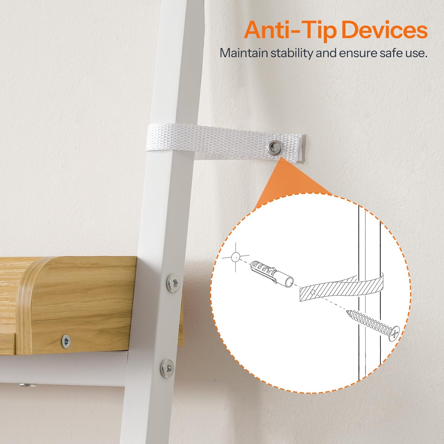 White ladder with anti-tip device attached, featuring a close-up of the device on a light background.
