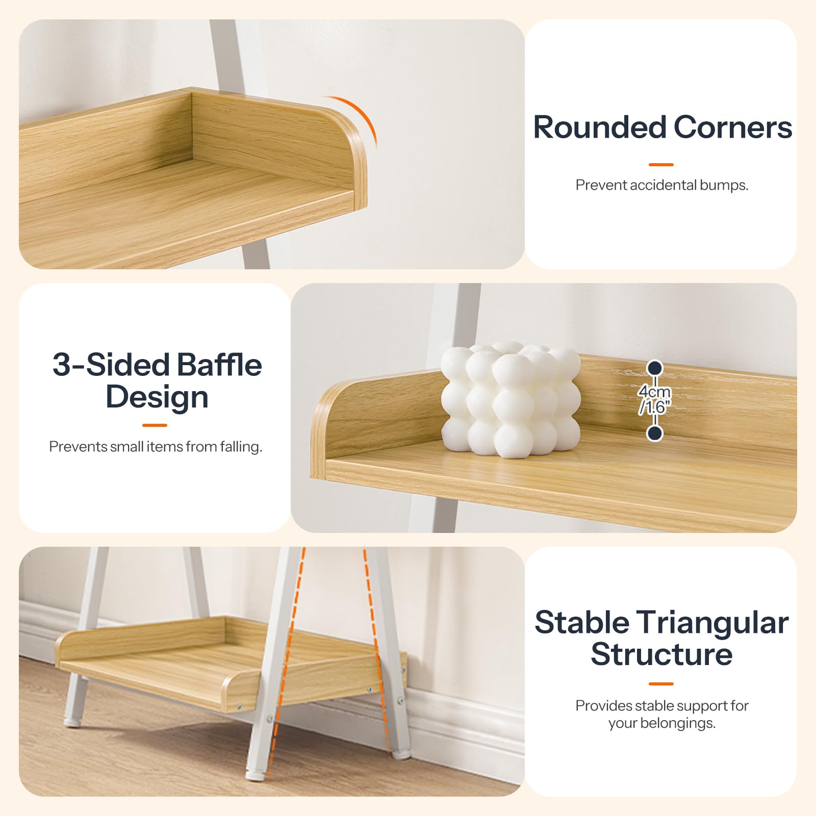 Wooden shelf with rounded corners, 3-sided baffle design, and stable triangular structure on a light background.