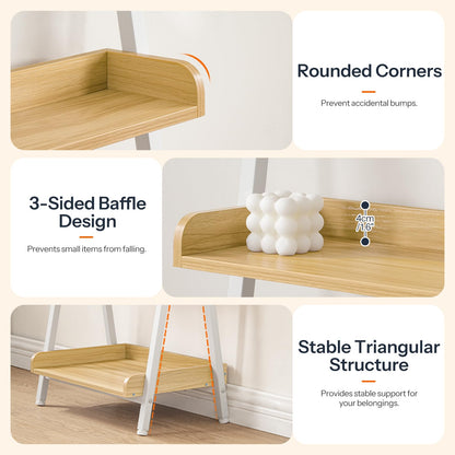 Wooden shelf with rounded corners, 3-sided baffle design, and stable triangular structure on a light background.