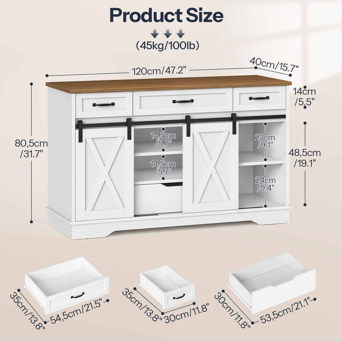 Detailed dimension chart of the farmhouse buffet cabinet showing 140cm length, height, depth, and the two separate shipping boxes.