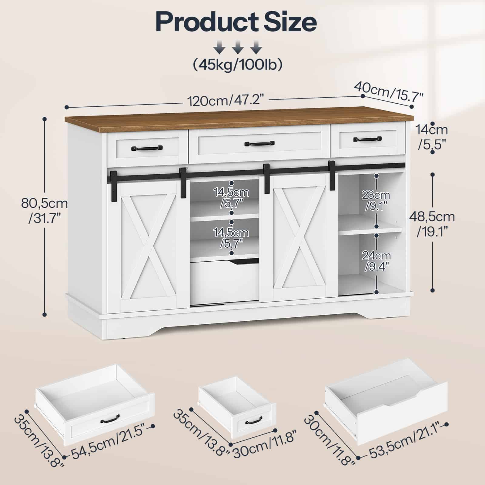 Detailed dimension chart of the farmhouse buffet cabinet showing 140cm length, height, depth, and the two separate shipping boxes.