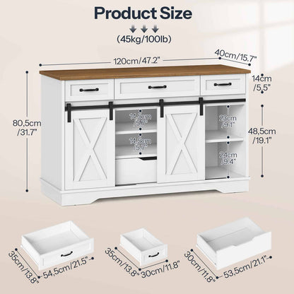 Detailed dimension chart of the farmhouse buffet cabinet showing 140cm length, height, depth, and the two separate shipping boxes.